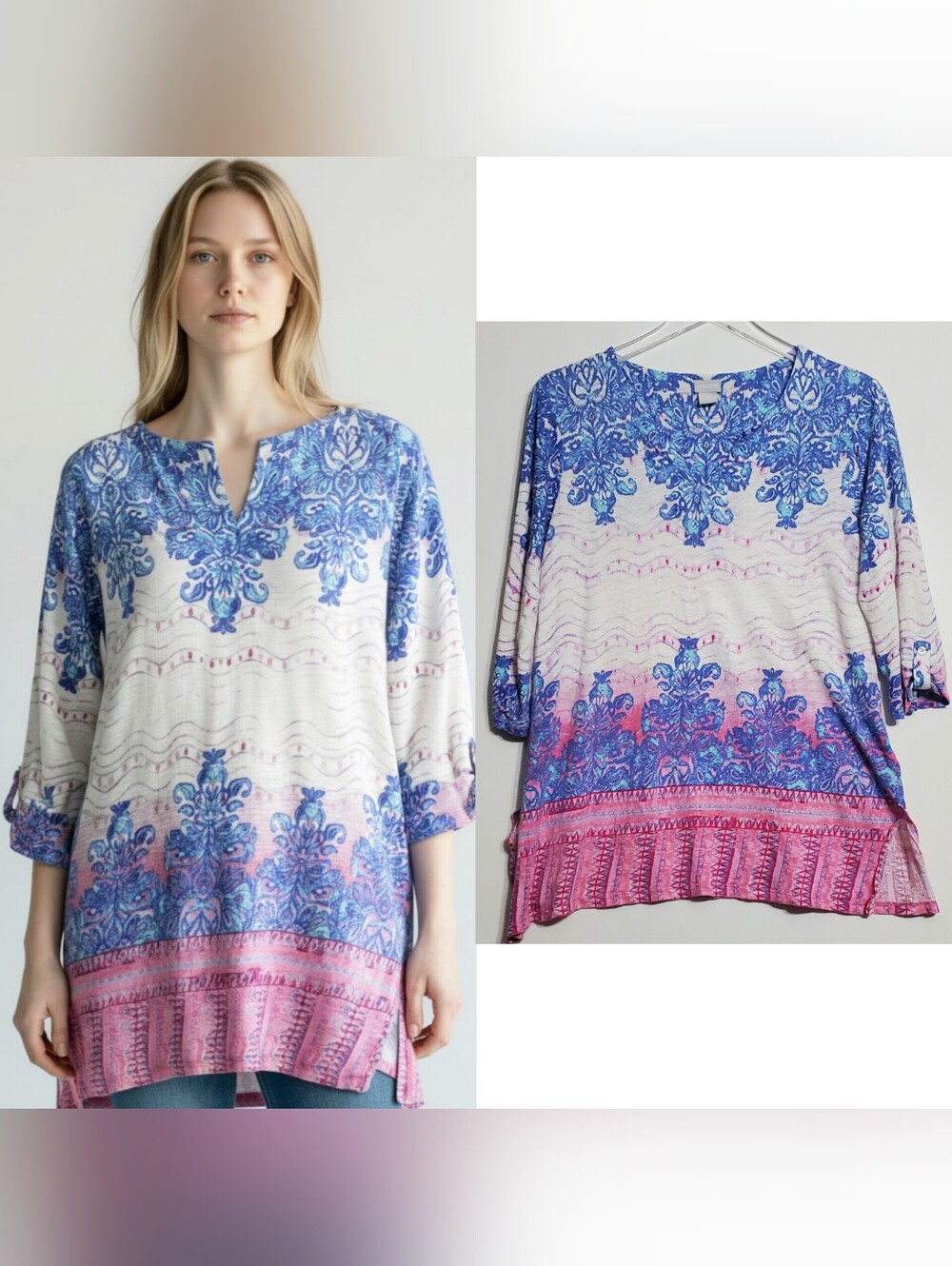 Chicos 2 large knit linen paisley top 3/4 sleeves pullover breathable boho beach